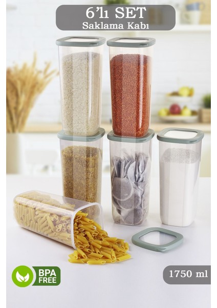 6 Parça Vita Silikon Kapaklı Kare Erzak Saklama Kabı - Un Bakliyat Saklama Kutusu 6X1750 ml