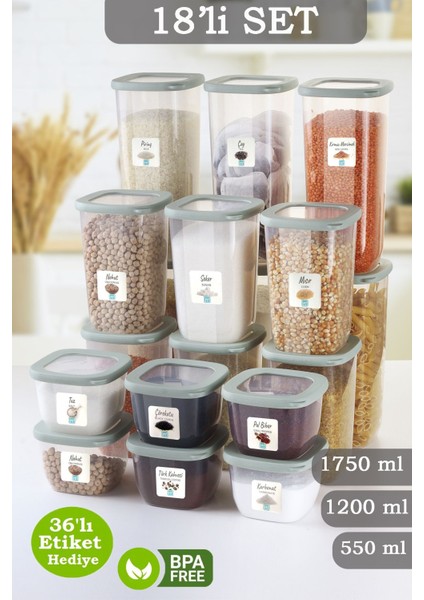 18'li Vita Silikon Kapaklı Kare Erzak Saklama Kabı - Etiketli Un Bakliyat Saklama Kutusu Baharatlık