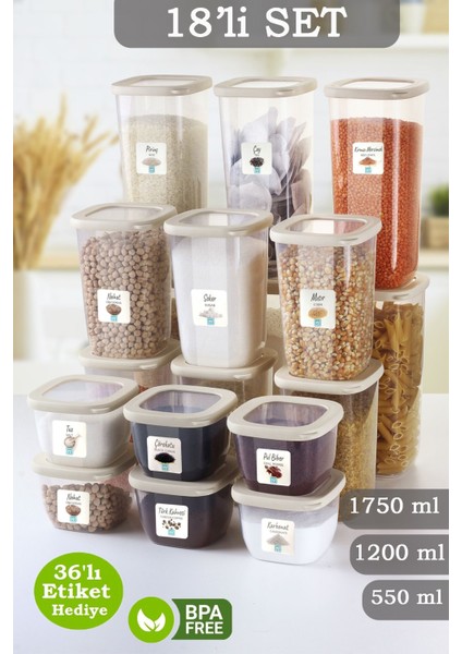 18'li Lumia Silikon Kapaklı Kare Erzak Saklama Kabı - Etiketli Un Bakliyat Saklama Kutusu Baharatlık