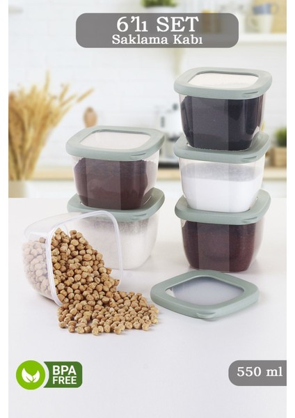 6 Parça Vita Silikon Kapaklı Kare Erzak Saklama Kabı - Baharatlık Çerezlik Saklama Kutusu 6X550 ml