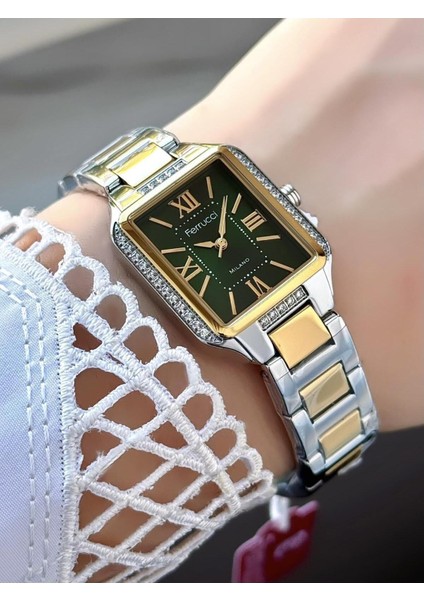 Milano Kadın Kol Saati – Dikdörtgen Yeşil Kadran, Taşlı Çerçeve, Metal Kordon, Çift Renk
