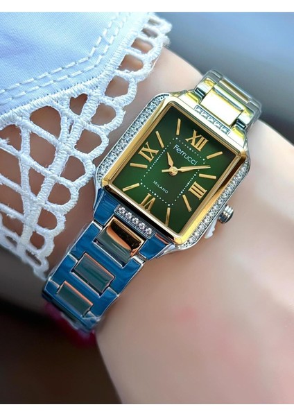 Milano Kadın Kol Saati – Dikdörtgen Yeşil Kadran, Taşlı Çerçeve, Metal Kordon, Çift Renk fiyatları
