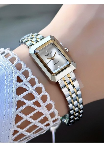 Milano Kadın Saat - Taşlı Dikdörtgen Kasa, Metal Kordon