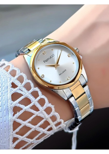 Milano Kadın Kol Saati – Taşlı Kadran, Çift Renk Metal Kordon