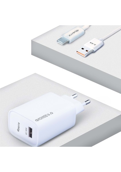 AC18 Eco Bundle 18W Hızlı Şarj Cihazı + Usb-A To Type-C Kablo , Qc 3.0 Destekli modelleri
