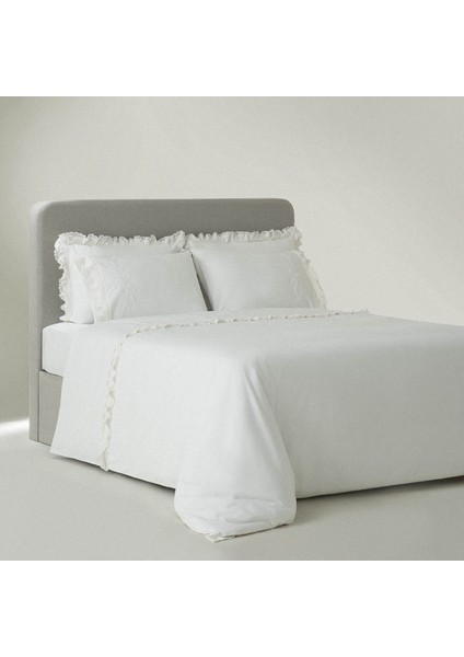 Paye Battal Boy Nevresim Takımı %100 Organik Pamuk Percal Nakışlı Dantelli Krem 240X220 cm