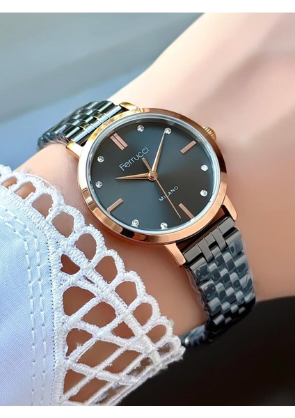 Milano Kadın Kol Saati – Taşlı Kadran, Siyah Metal Kordon