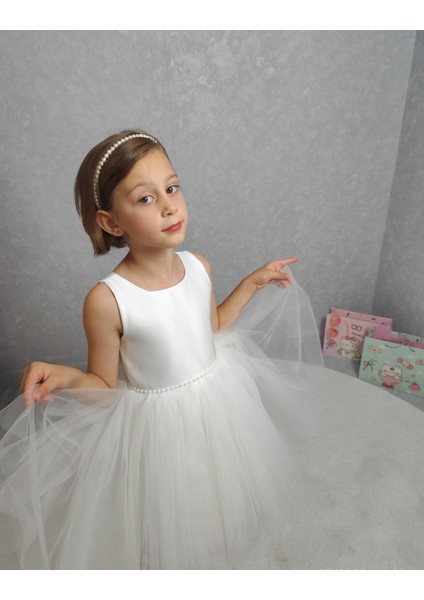 Kız Çocuk Ada Model Abiye Beyaz Bel Incili Elbise fırsatları