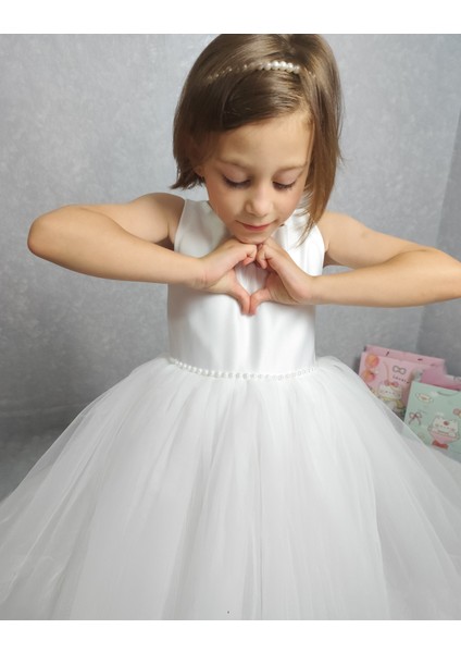 Kız Çocuk Ada Model Abiye Beyaz Bel Incili Elbise