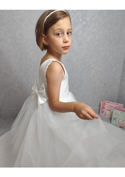 Kız Çocuk Ada Model Abiye Beyaz Bel Incili Elbise fiyatları
