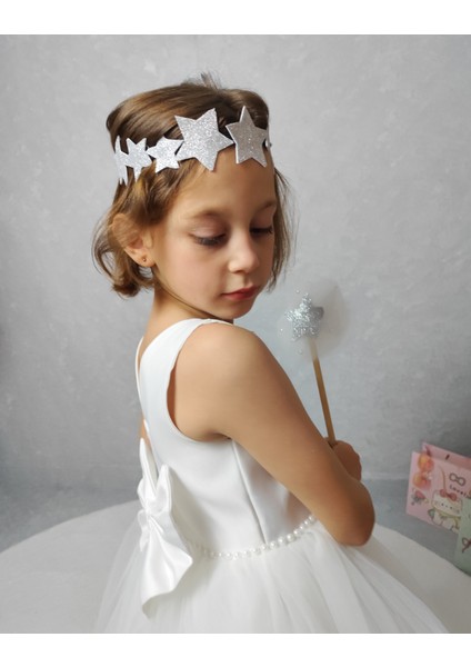 Kız Çocuk Ada Model Abiye Beyaz Bel Incili Elbise modelleri