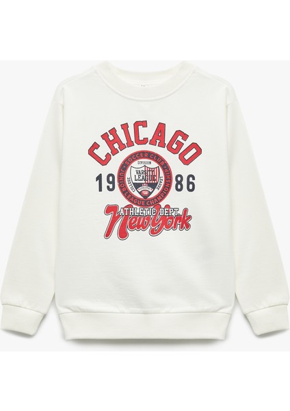 Baskılı Uzun Kollu Bisiklet Yaka Pamuklu Şardonlu Sweatshirt