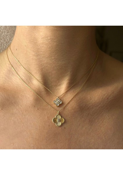 14 Ayar Altın Dört Yaprak Yonca Taşlı Kolye modelleri