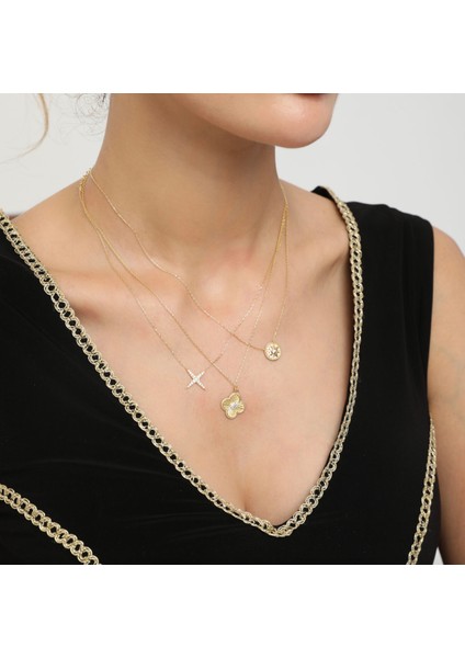 14 Ayar Altın Dört Yaprak Yonca Taşlı Kolye