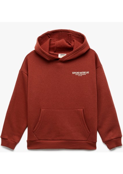 Uzun Kollu Baskılı Şardonlu Pamuklu Kapşonlu Sweatshirt