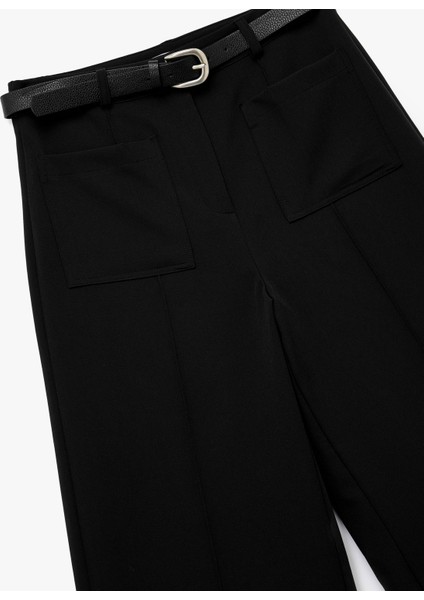 Kemerli Aplike Cepli Culotte Fit Kısa Geniş Paça Kumaş Pantolon modelleri