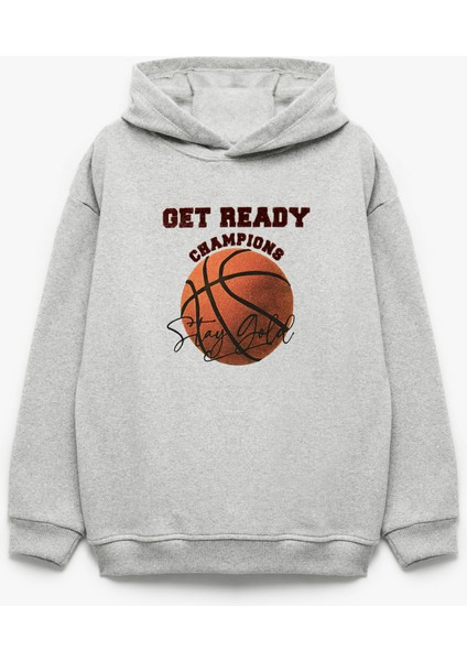 Basketbol Baskılı Şardonlu Uzun Kollu Kapşonlu Sweatshirt