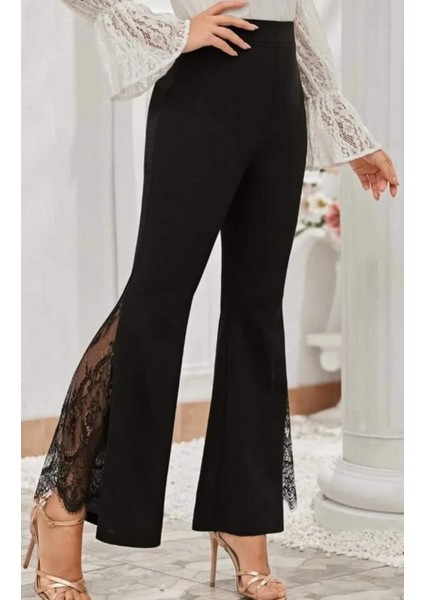 özgü giyim butik kadın siyah scuba Ispanyol Paça Dantel Detaylı Tayt