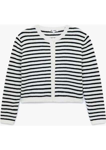 Uzun Kollu Düğmeli Bisiklet Yaka Çizgili Triko Hırka