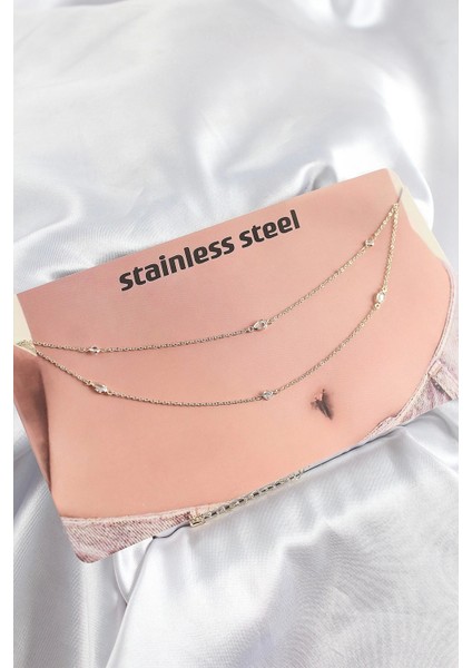 316L Çelik Zirkon Taşlı Damla Model Gold Renk Göbek Bel Zinciri