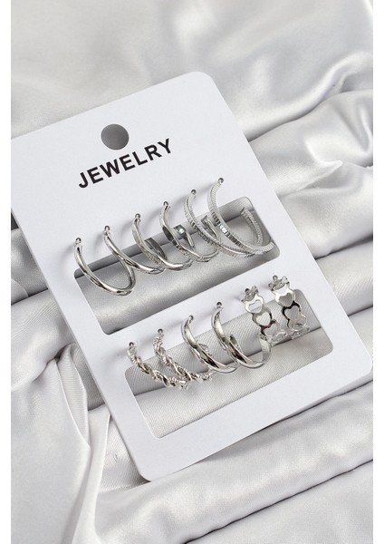 Pirinç Karışık Halka Model Gümüş Renk 6 Çift Kadın Küpe Set