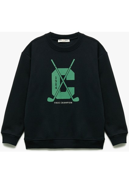 Uzun Kollu Bisiklet Yaka Baskılı Şardonlu Sweatshirt