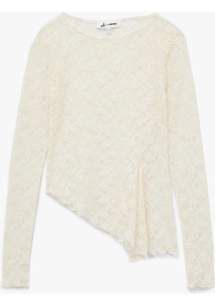 Asimetrik Bisiklet Yaka Dantel Detaylı Uzun Kollu Tişört