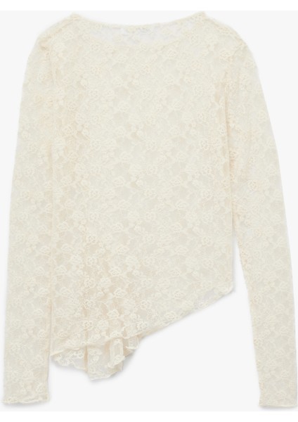 Asimetrik Bisiklet Yaka Dantel Detaylı Uzun Kollu Tişört fiyatları