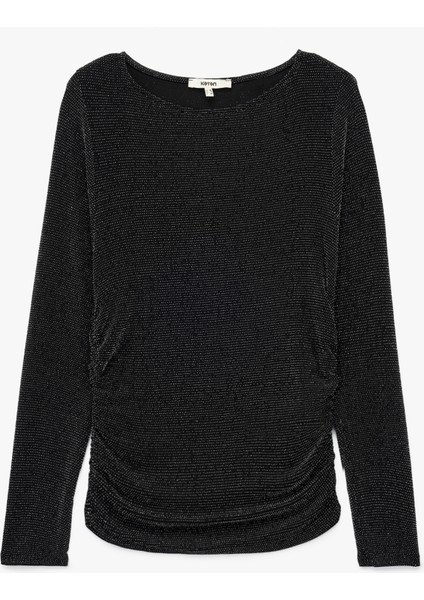 Slim Fit Uzun Kollu Kayık Yaka Simli Tişört