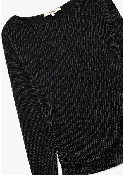 Slim Fit Uzun Kollu Kayık Yaka Simli Tişört modelleri