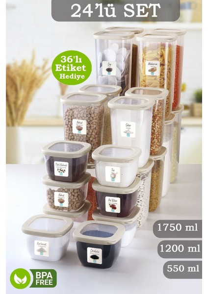 24'lü Lumia Silikon Kapaklı Kare Erzak Saklama Kabı - Etiketli Un Bakliyat Saklama Kutusu Baharatlık