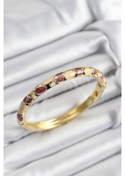 Mineli Pirinç Fuşya ve Krem Petek Motifli Gold Renk Kadın Kelepçe