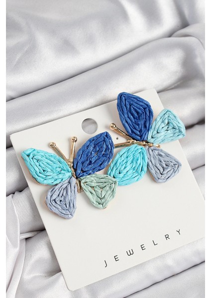 Pirinç Mavi Kelebek Model Gold Renk Kadın Hasır Küpe