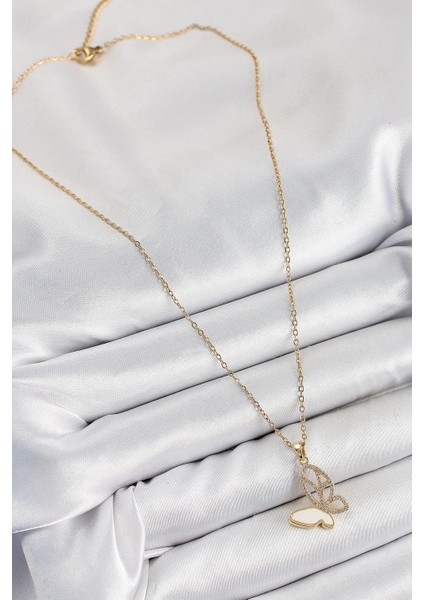 316L Çelik Zirkon Taşlı Kelebek Model Gold Renk Kadın Kolye fiyatları