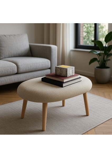 Modern Çok Amaçlı Bej Teddy Kumaş Tabure & Puf Ahşap Ayaklı Sehpa – Oturma – Dekoratif