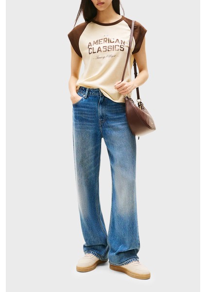 Loose Fit Orta Bel Geniş Paça Liyosel Jeans Bayan Kot Pantolon WW0WW47151 1A5 fiyatları