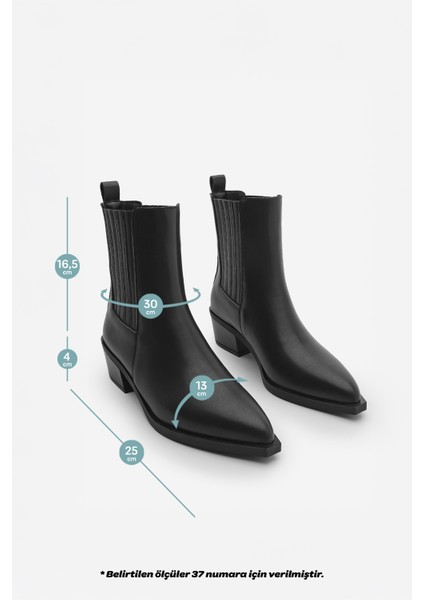 Kadın Sivri Burun Kalın Topuklu Chelsea Çift Lastikli Western Bot Losya Siyah