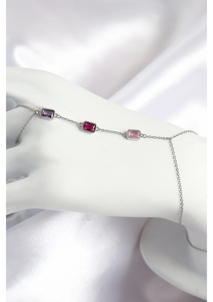 Pirinç Renkli Zirkon Taşlı Dikdörtgen Model Gümüş Renk Kadın Şahmeran