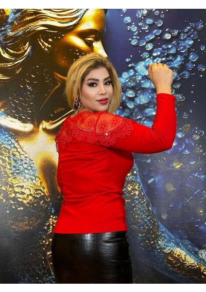 Bluz Uzun Kollu Kirmizi Crystal Taşlar Likrali Dantel Detayli Şik Tasarim Yüksek Kalite fiyatları