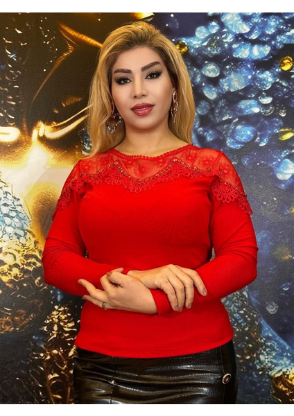 Bluz Uzun Kollu Kirmizi Crystal Taşlar Likrali Dantel Detayli Şik Tasarim Yüksek Kalite modelleri
