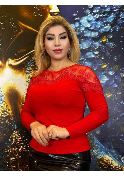 Bluz Uzun Kollu Kirmizi Crystal Taşlar Likrali Dantel Detayli Şik Tasarim Yüksek Kalite fırsatları