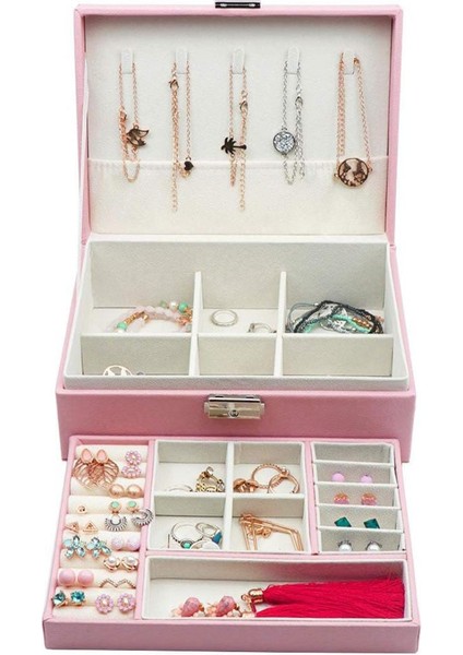 Homeanda Takı Kutusu, Kadın Takı Kutusu , Anahtarlı Takı Kutusu, Deri Takı Kutusu, Büyük Takı Kutusu (Pembe)