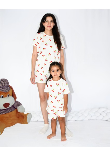 Anne Bebek Pijama Takımı Kombin Kiraz Desen Kısakol Şort (Tek Tek Satılmaktadır)
