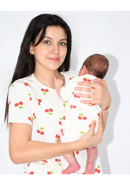 Anne Bebek Pijama Takımı Kombin Kiraz Desen Kısakol Şort (Tek Tek Satılmaktadır) fırsatları