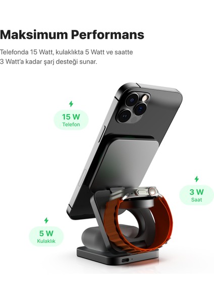 Kablosuz Şarj Standı 3'ü Bir Arada Apple İphone Airpods Watch MagSafe Uyumlu Qi2 15W Manyetik Hızlı Şarj Cihazı X6402