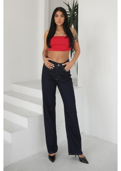 Kadın Lacivert Wide Leg Jeans Yüksek Bel