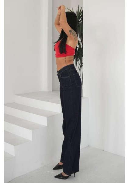 Kadın Lacivert Wide Leg Jeans Yüksek Bel fırsatları