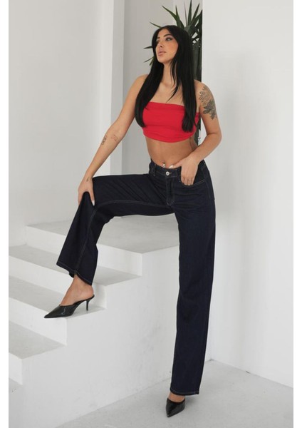 Kadın Lacivert Wide Leg Jeans Yüksek Bel