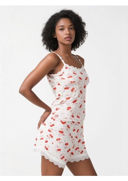 Kadın 808 Desenli Şortlu Takım Beyaz