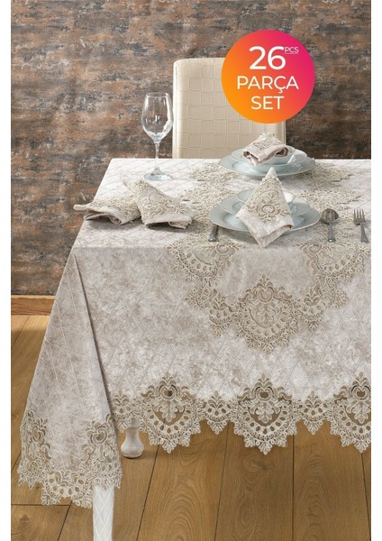 Kadife Lüks Masa Örtüsü Seti Dantelli Güpürlü 26 Parça Reina Cappuccino